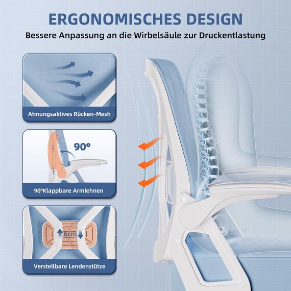 Airchros Bürostuhl, Ergonomischer Schreibtischstuhl mit Einstellbarer Lendenstütze, Hochklappbaren Armlehnen, Höhenverstellbarer Chefsessel Drehstuhl, Netzstuhl mit Wippfunktion, Blau
