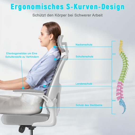 naspaluro Ergonomischer Bürostuhl mit Atmungsaktiver Netzbespannung, Schreibtischstuhl mit Verstellbarer Armlehnen, Kopfstütze, Lordosenstütze, Höhenverstellung, 360° Drehstuhl, Grau