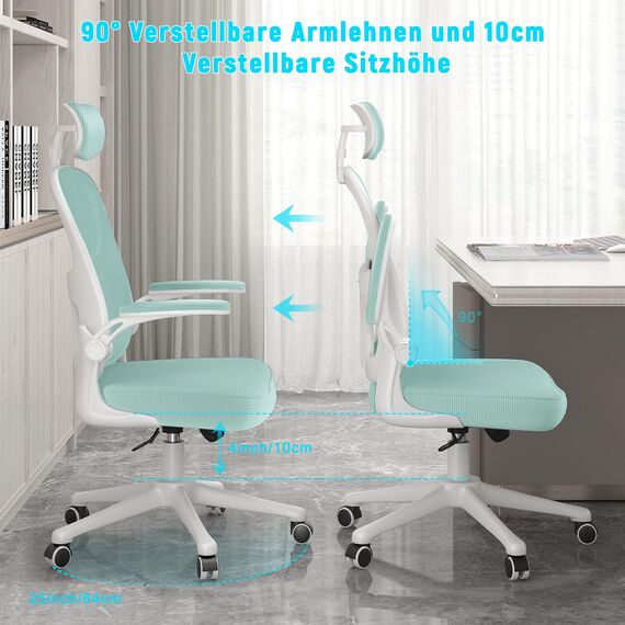 naspaluro Bürostuhl mit Atmungsaktiver Netzbespannung, Ergonomischer Schreibtischstuhl mit Verstellbarer Armlehnen, Kopfstütze, Lordosenstütze, Rückenlehne, Höhenverstellung, 360° Drehstuhl, Grün