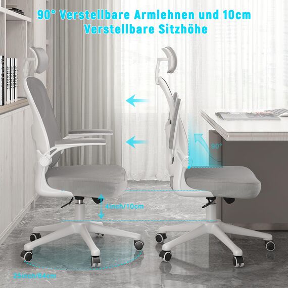 naspaluro Ergonomischer Bürostuhl mit Atmungsaktiver Netzbespannung, Schreibtischstuhl mit Verstellbarer Armlehnen, Kopfstütze, Lordosenstütze, Höhenverstellung, 360° Drehstuhl, Grau