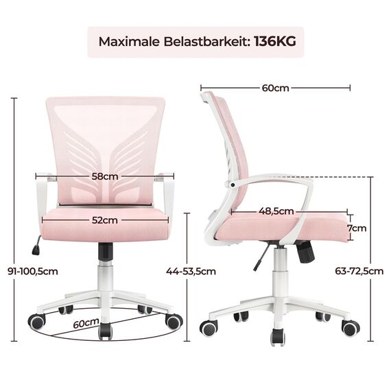 Yaheetech 2er-Set Bürostuhl Ergonomischer Drehstuhl Höhenverstellbarer Bürostuhl Computerstuhl für Arbeitszimmer/Büro/Konferenzräume Rosa
