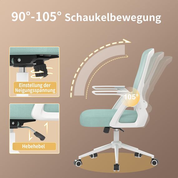 naspaluro Bürostuhl mit Hochklappbare Armlehnen, Schreibtischstuhl Ergonomisch, Drehstuhl mit Netzbespannung, Lordosenstütze, Höhenverstellbarer, Wippfunktion, Gepolstertem Sitzkissen, Grün