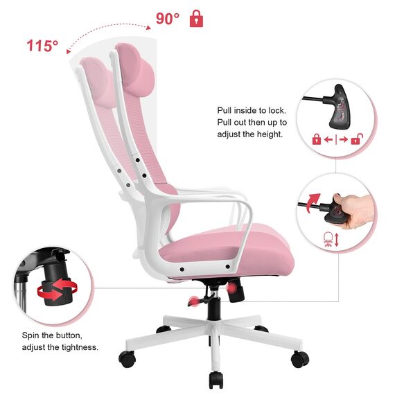 MELOKEA Bürostuhl ergonomisch, Schreibtischstuhl mit Großer und Weicher Verstellbarer Kopfstütze, Integrierter Lordosenstütze, Drehstuhl mit Höhenverstellung und Wippfunktion, Bis 150kg Belastbar Rosa