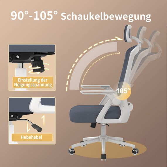 naspaluro Bürostuhl Ergonomisch mit Verstellbarer Armlehnen, Schreibtischstuhl mit Kopfstütze, Atmungsaktiver Netzbespannung, Lordosenstütze, Höhenverstellung Computerstuhl, 360° Drehstuhl, Hellgrau