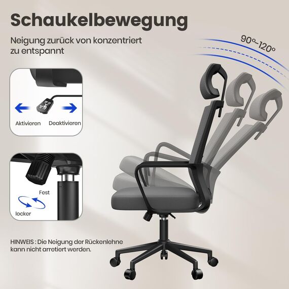 naspaluro Ergonomischer Bürostuhl, Schreibtischstuhl mit Verstellbarer Kopfstütze, Atmungsaktiver Netzbezug, Höhenverstellbar, Computerstuhl, 360° Drehstuhl für das Zuhause und Büro, Dunkelgrau