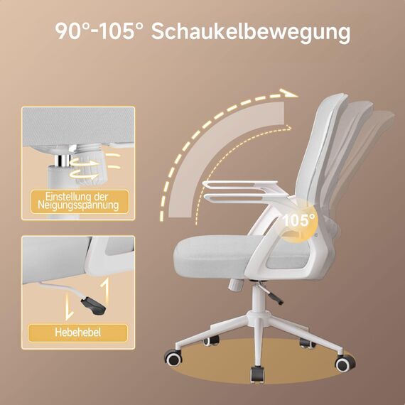 naspaluro Bürostuhl mit Hochklappbare Armlehnen, Schreibtischstuhl Ergonomisch, Drehstuhl mit Netzbespannung, Lordosenstütze, Höhenverstellbarer, Wippfunktion, Gepolstertem Sitzkissen, Grau