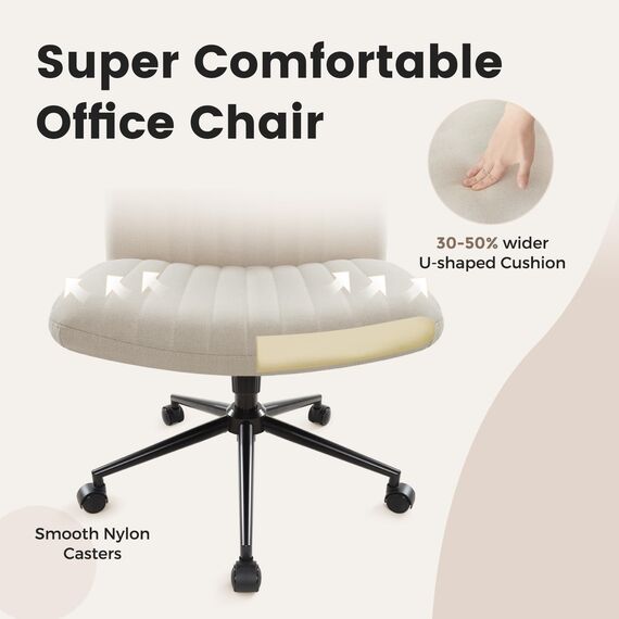 IWMH Bürostuhl ohne Armlehnen,Höhenverstellbar Drehstuhl mit Rollen,Schreibtischstuhl mit Stoffpolsterung,Lesesessel mit breiterem Kissen zum Sitzen im Schneidersitz (Beige mit Rollen)