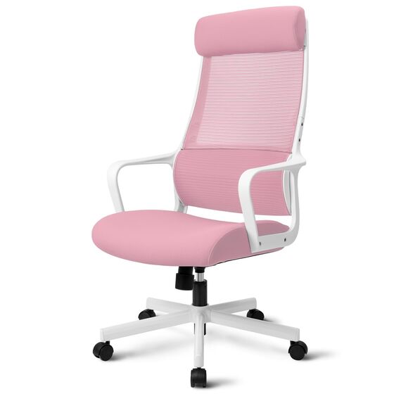 MELOKEA Bürostuhl ergonomisch, Schreibtischstuhl mit Großer und Weicher Verstellbarer Kopfstütze, Integrierter Lordosenstütze, Drehstuhl mit Höhenverstellung und Wippfunktion, Bis 150kg Belastbar Rosa