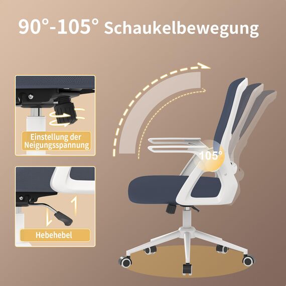 naspaluro Bürostuhl mit Hochklappbare Armlehnen, Schreibtischstuhl Ergonomisch, Drehstuhl mit Netzbespannung, Lordosenstütze, Höhenverstellbarer, Wippfunktion, Gepolstertem Sitzkissen, Hellgrau