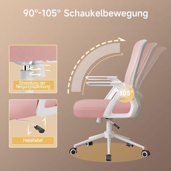 naspaluro Bürostuhl mit Hochklappbare Armlehnen, Schreibtischstuhl Ergonomisch, Drehstuhl mit Netzbespannung, Lordosenstütze, Höhenverstellbarer, Wippfunktion, Gepolstertem Sitzkissen, Rosa