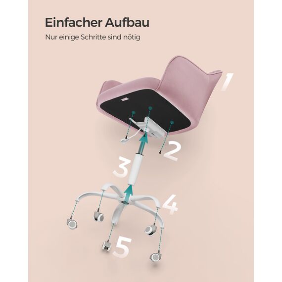 SONGMICS Homeoffice Stuhl, Drehstuhl, Schreibtischstuhl, höhenverstellbar, bis 110 kg belastbar, Samt, für Arbeitszimmer, Schlafzimmer, pastellrosa OBG019P02