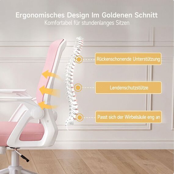 naspaluro Bürostuhl mit Hochklappbare Armlehnen, Schreibtischstuhl Ergonomisch, Drehstuhl mit Netzbespannung, Lordosenstütze, Höhenverstellbarer, Wippfunktion, Gepolstertem Sitzkissen, Rosa