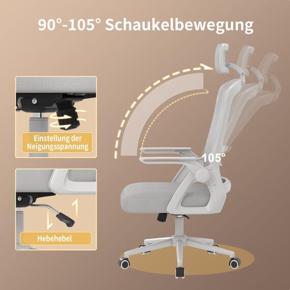 naspaluro Bürostuhl Ergonomisch mit Verstellbarer Armlehnen, Schreibtischstuhl mit Kopfstütze, Atmungsaktiver Netzbespannung, Lordosenstütze, Höhenverstellung Computerstuhl, 360° Drehstuhl, Grau