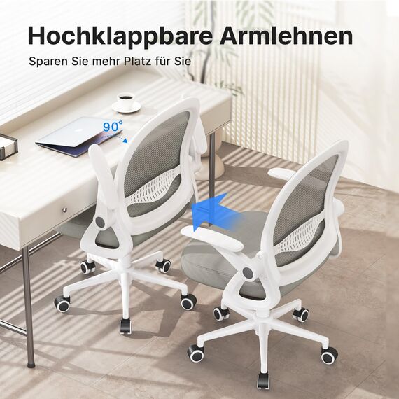 naspaluro Bürostuhl, Ergonomischer Schreibtischstuhl mit Atmungsaktiv Netzbespannung, Hochklappbare Armlehnen, Höhenverstellbarer, Computerstuhl, Leichter Stuhl, 360° Drehstuhl, Grau