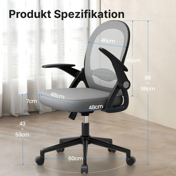 naspaluro Bürostuhl, Ergonomischer Schreibtischstuhl mit Atmungsaktiv Netzbespannung, Hochklappbare Armlehnen, Höhenverstellbarer, Computerstuhl, Leichter Stuhl, 360° Drehstuhl, Dunkelgrau