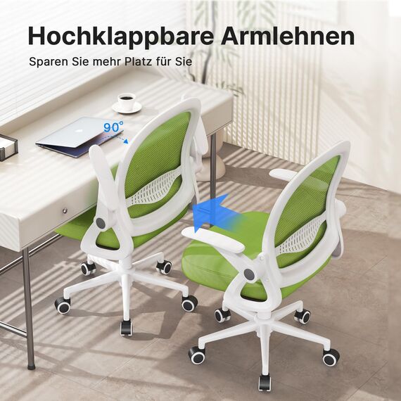 naspaluro Bürostuhl, Ergonomischer Schreibtischstuhl mit Atmungsaktiv Netzbespannung, Hochklappbare Armlehnen, Höhenverstellbarer, Computerstuhl, Leichter Stuhl, 360° Drehstuhl, Grün