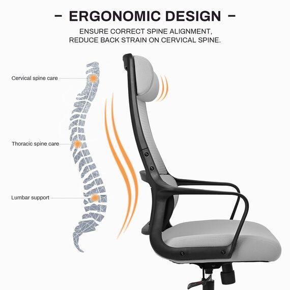 MELOKEA Schreibtischstuhl, Bürostuhl Ergonomisch, Drehstuhl Wippfunktion mit Verstellbare Kopfstütze | Armlehne | Höhenverstellung | Hoher Rückenschonend, EN 1335 Chair, Chefsessel, Grau