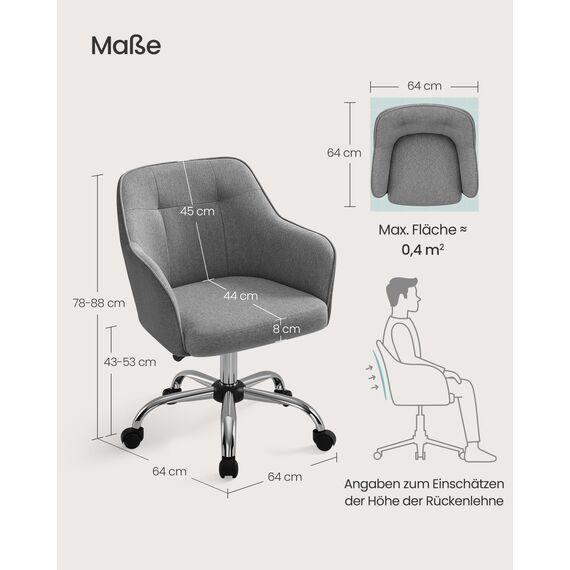 SONGMICS Homeoffice Stuhl, Drehstuhl, Schreibtischstuhl, höhenverstellbar, bis 110 kg belastbar, atmungsaktiver Stoff, für Arbeitszimmer, Schlafzimmer, grau OBG019G01