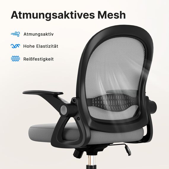 naspaluro Bürostuhl, Ergonomischer Schreibtischstuhl mit Atmungsaktiv Netzbespannung, Hochklappbare Armlehnen, Höhenverstellbarer, Computerstuhl, Leichter Stuhl, 360° Drehstuhl, Dunkelgrau