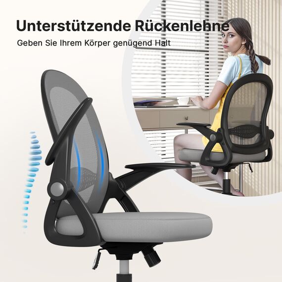 naspaluro Bürostuhl, Ergonomischer Schreibtischstuhl mit Atmungsaktiv Netzbespannung, Hochklappbare Armlehnen, Höhenverstellbarer, Computerstuhl, Leichter Stuhl, 360° Drehstuhl, Dunkelgrau