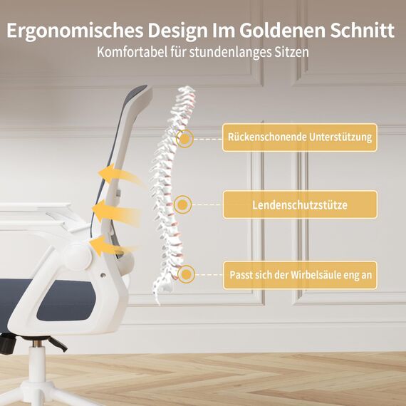 naspaluro Bürostuhl mit Hochklappbare Armlehnen, Schreibtischstuhl Ergonomisch, Drehstuhl mit Netzbespannung, Lordosenstütze, Höhenverstellbarer, Wippfunktion, Gepolstertem Sitzkissen, Hellgrau
