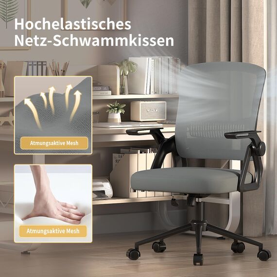 naspaluro Bürostuhl mit Hochklappbare Armlehnen, Schreibtischstuhl Ergonomisch, Drehstuhl mit Netzbespannung, Lordosenstütze, Höhenverstellbarer, Wippfunktion, Gepolstertem Sitzkissen, Dunkelgrau