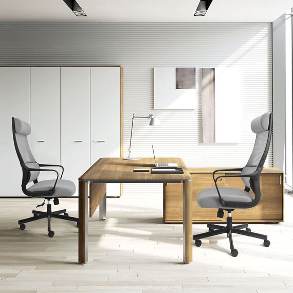 MELOKEA Schreibtischstuhl, Bürostuhl Ergonomisch, Drehstuhl Wippfunktion mit Verstellbare Kopfstütze | Armlehne | Höhenverstellung | Hoher Rückenschonend, EN 1335 Chair, Chefsessel, Grau