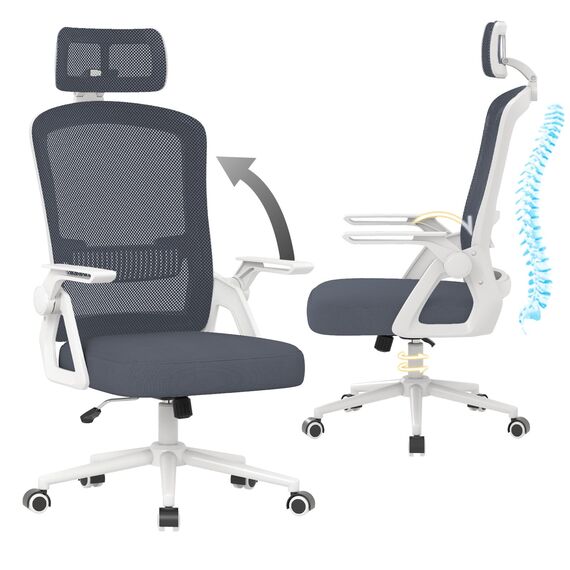 naspaluro Bürostuhl Ergonomisch mit Verstellbarer Armlehnen, Schreibtischstuhl mit Kopfstütze, Atmungsaktiver Netzbespannung, Lordosenstütze, Höhenverstellung Computerstuhl, 360° Drehstuhl, Hellgrau