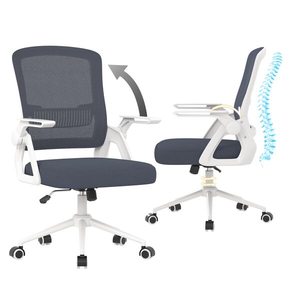 naspaluro Bürostuhl mit Hochklappbare Armlehnen, Schreibtischstuhl Ergonomisch, Drehstuhl mit Netzbespannung, Lordosenstütze, Höhenverstellbarer, Wippfunktion, Gepolstertem Sitzkissen, Hellgrau