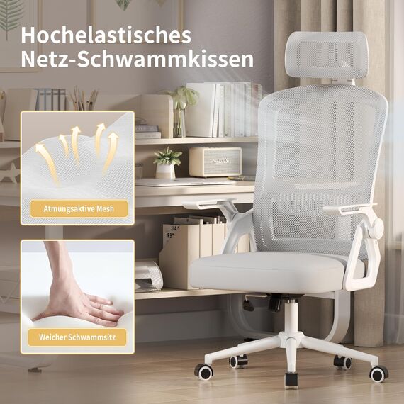 naspaluro Bürostuhl Ergonomisch mit Verstellbarer Armlehnen, Schreibtischstuhl mit Kopfstütze, Atmungsaktiver Netzbespannung, Lordosenstütze, Höhenverstellung Computerstuhl, 360° Drehstuhl, Grau
