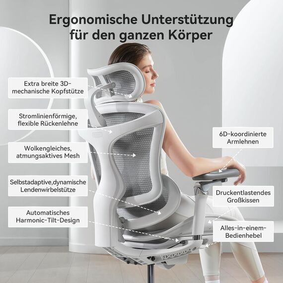 SIHOO Doro C300 Pro Ergonomischer Bürostuhl mit ultraweichen 6D-Armlehnen, dynamischer Lendenwirbelstütze, Sitztiefenverstellung und verstellbarer Rückenlehne, Schreibtischstuhl für Home Office (Weiß)