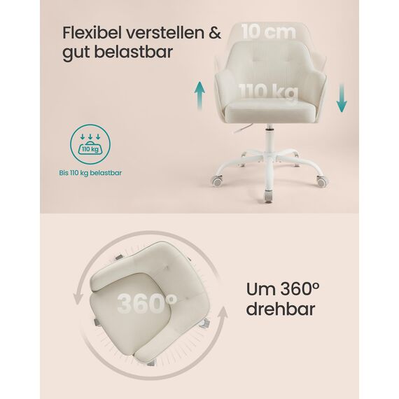 SONGMICS Homeoffice-Stuhl, Drehstuhl, Schreibtischstuhl, höhenverstellbar, bis 110 kg belastbar, Cord, für Arbeitszimmer, Schlafzimmer, sandbeige OBG019LZ01