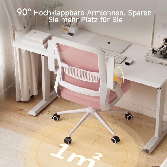 naspaluro Bürostuhl mit Hochklappbare Armlehnen, Schreibtischstuhl Ergonomisch, Drehstuhl mit Netzbespannung, Lordosenstütze, Höhenverstellbarer, Wippfunktion, Gepolstertem Sitzkissen, Rosa