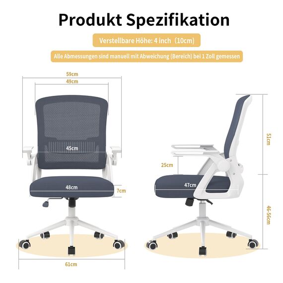 naspaluro Bürostuhl mit Hochklappbare Armlehnen, Schreibtischstuhl Ergonomisch, Drehstuhl mit Netzbespannung, Lordosenstütze, Höhenverstellbarer, Wippfunktion, Gepolstertem Sitzkissen, Hellgrau