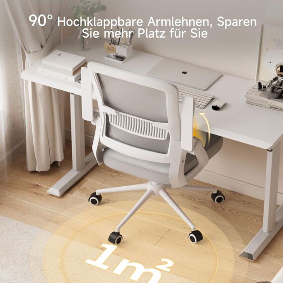 naspaluro Bürostuhl mit Hochklappbare Armlehnen, Schreibtischstuhl Ergonomisch, Drehstuhl mit Netzbespannung, Lordosenstütze, Höhenverstellbarer, Wippfunktion, Gepolstertem Sitzkissen, Grau
