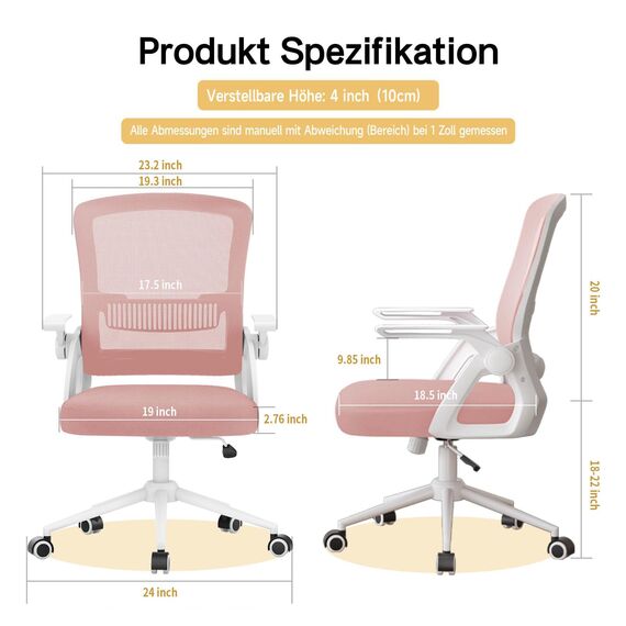 naspaluro Bürostuhl mit Hochklappbare Armlehnen, Schreibtischstuhl Ergonomisch, Drehstuhl mit Netzbespannung, Lordosenstütze, Höhenverstellbarer, Wippfunktion, Gepolstertem Sitzkissen, Rosa