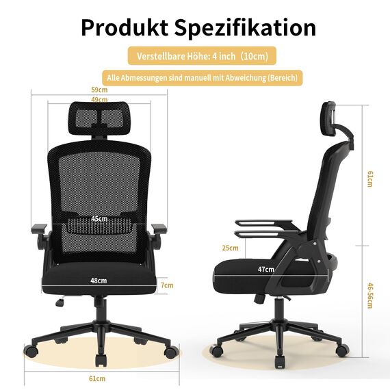 naspaluro Bürostuhl Ergonomisch mit Verstellbarer Armlehnen, Schreibtischstuhl mit Kopfstütze, Atmungsaktiver Netzbespannung, Lordosenstütze, Höhenverstellung Computerstuhl, 360° Drehstuhl, Schwarz