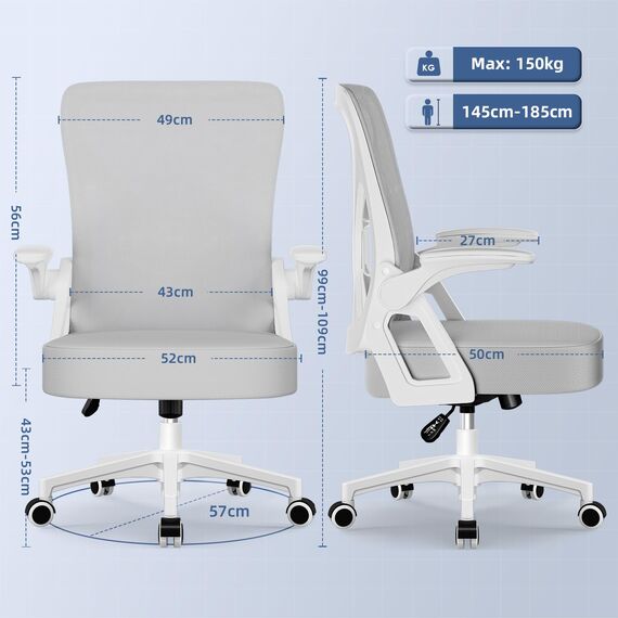 Airchros Bürostuhl Ergonomisch, Schreibtischstuhl mit Hochklappbaren Armlehnen, Einstellbarer Lendenstütze, Höhenverstellbarer Chefsessel Drehstuhl, Bürostuhl mit Wippfunktion bis 125°, Grau