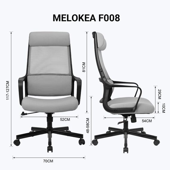 MELOKEA Schreibtischstuhl, Bürostuhl Ergonomisch, Drehstuhl Wippfunktion mit Verstellbare Kopfstütze | Armlehne | Höhenverstellung | Hoher Rückenschonend, EN 1335 Chair, Chefsessel, Grau