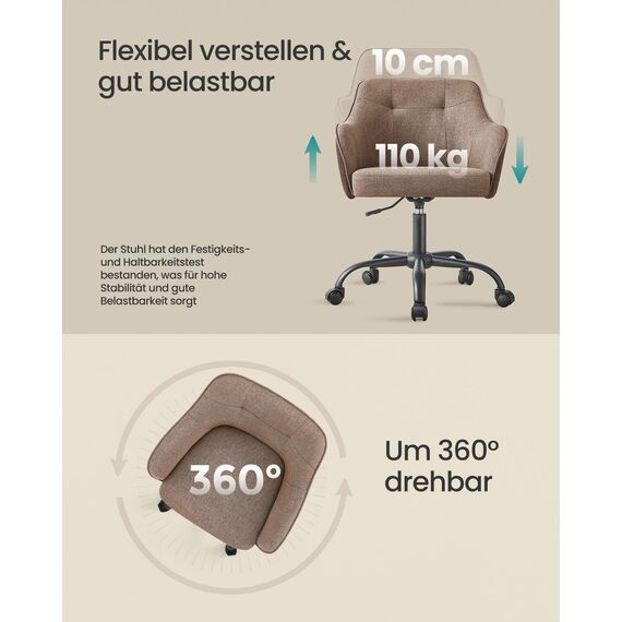 SONGMICS Homeoffice Stuhl, Drehstuhl, Schreibtischstuhl, höhenverstellbar, bis 110 kg belastbar, atmungsaktiver Stoff, für Arbeitszimmer, Schlafzimmer, braun OBG019K01