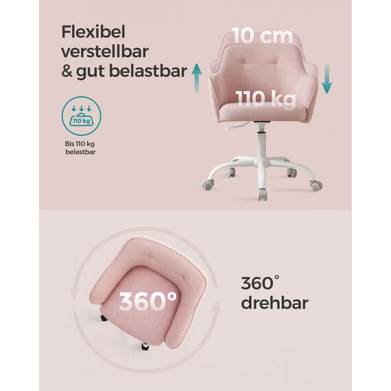 SONGMICS Homeoffice Stuhl, Drehstuhl, Schreibtischstuhl, höhenverstellbar, bis 110 kg belastbar, atmungsaktiver Stoff, für Arbeitszimmer, Schlafzimmer, rosa OBG019P01