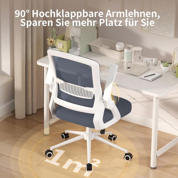 naspaluro Bürostuhl mit Hochklappbare Armlehnen, Schreibtischstuhl Ergonomisch, Drehstuhl mit Netzbespannung, Lordosenstütze, Höhenverstellbarer, Wippfunktion, Gepolstertem Sitzkissen, Hellgrau