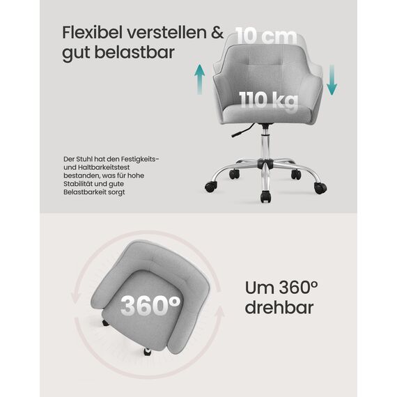 SONGMICS Homeoffice Stuhl, Drehstuhl, Schreibtischstuhl, höhenverstellbar, bis 110 kg belastbar, atmungsaktiver Stoff, für Arbeitszimmer, Schlafzimmer, hellgrau OBG019G02
