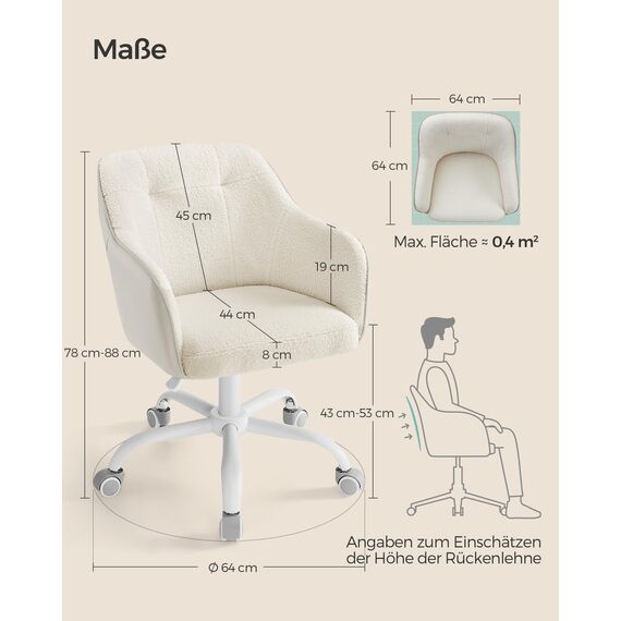 SONGMICS Homeoffice Stuhl, Drehstuhl, Schreibtischstuhl, höhenverstellbar, bis 110 kg belastbar, atmungsaktiver Sherpa-Stoff und PU, für Arbeitszimmer, Schlafzimmer, cappuccinobeige OBG019W01