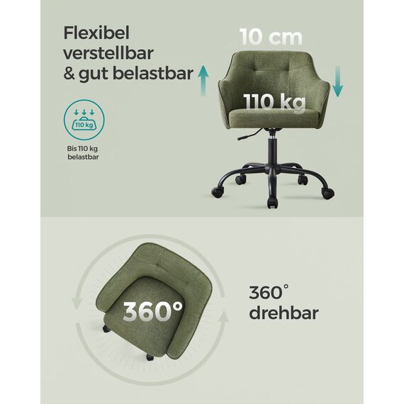 SONGMICS Homeoffice Stuhl, Drehstuhl, Schreibtischstuhl, höhenverstellbar, bis 110 kg belastbar, atmungsaktiver Stoff, für Arbeitszimmer, Schlafzimmer, grün OBG019C01