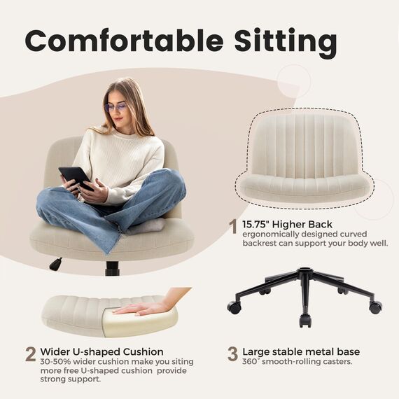 IWMH Bürostuhl ohne Armlehnen,Höhenverstellbar Drehstuhl mit Rollen,Schreibtischstuhl mit Stoffpolsterung,Lesesessel mit breiterem Kissen zum Sitzen im Schneidersitz (Beige mit Rollen)