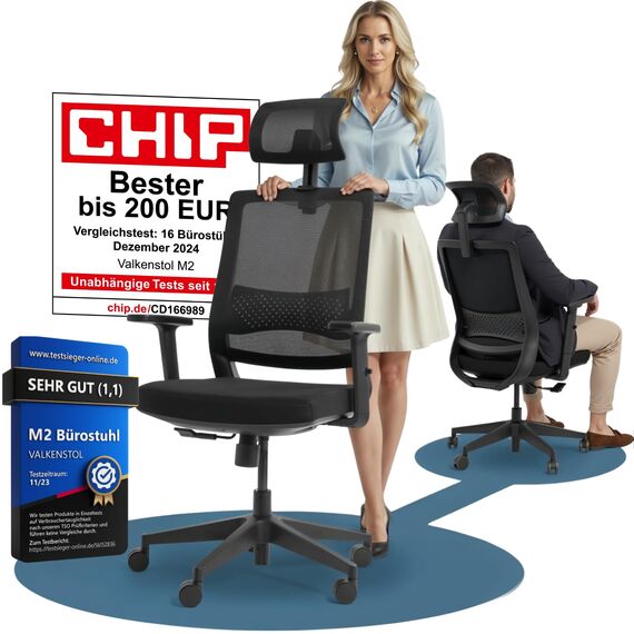 VALKENSTOL M2 Bürostuhl Ergonomisch Testsieger – Höhenverstellbarer Schreibtischstuhl bequem mit Lendenwirbelstütze, Atmungsaktiver Netzrücken, 360° Drehstuhl, Bürostühle Büro und Home Office Chair