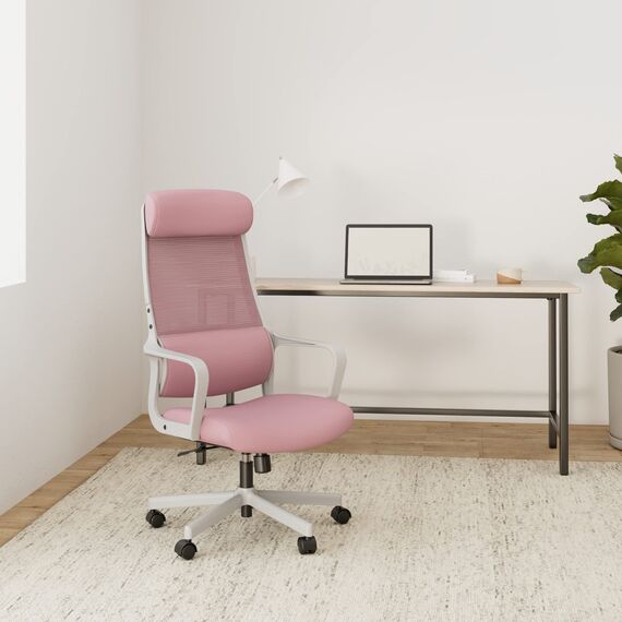 MELOKEA Bürostuhl ergonomisch, Schreibtischstuhl mit Großer und Weicher Verstellbarer Kopfstütze, Integrierter Lordosenstütze, Drehstuhl mit Höhenverstellung und Wippfunktion, Bis 150kg Belastbar Rosa