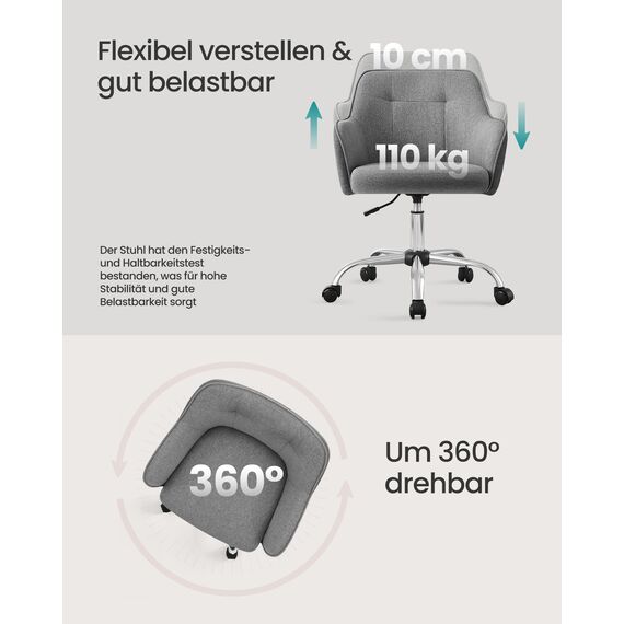 SONGMICS Homeoffice Stuhl, Drehstuhl, Schreibtischstuhl, höhenverstellbar, bis 110 kg belastbar, atmungsaktiver Stoff, für Arbeitszimmer, Schlafzimmer, grau OBG019G01