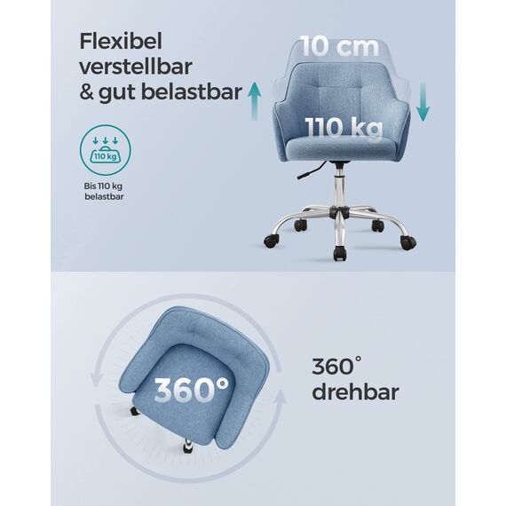 SONGMICS Homeoffice Stuhl, Drehstuhl, Schreibtischstuhl, höhenverstellbar, bis 110 kg belastbar, atmungsaktiver Stoff, für Arbeitszimmer, Schlafzimmer, blau OBG019Q01